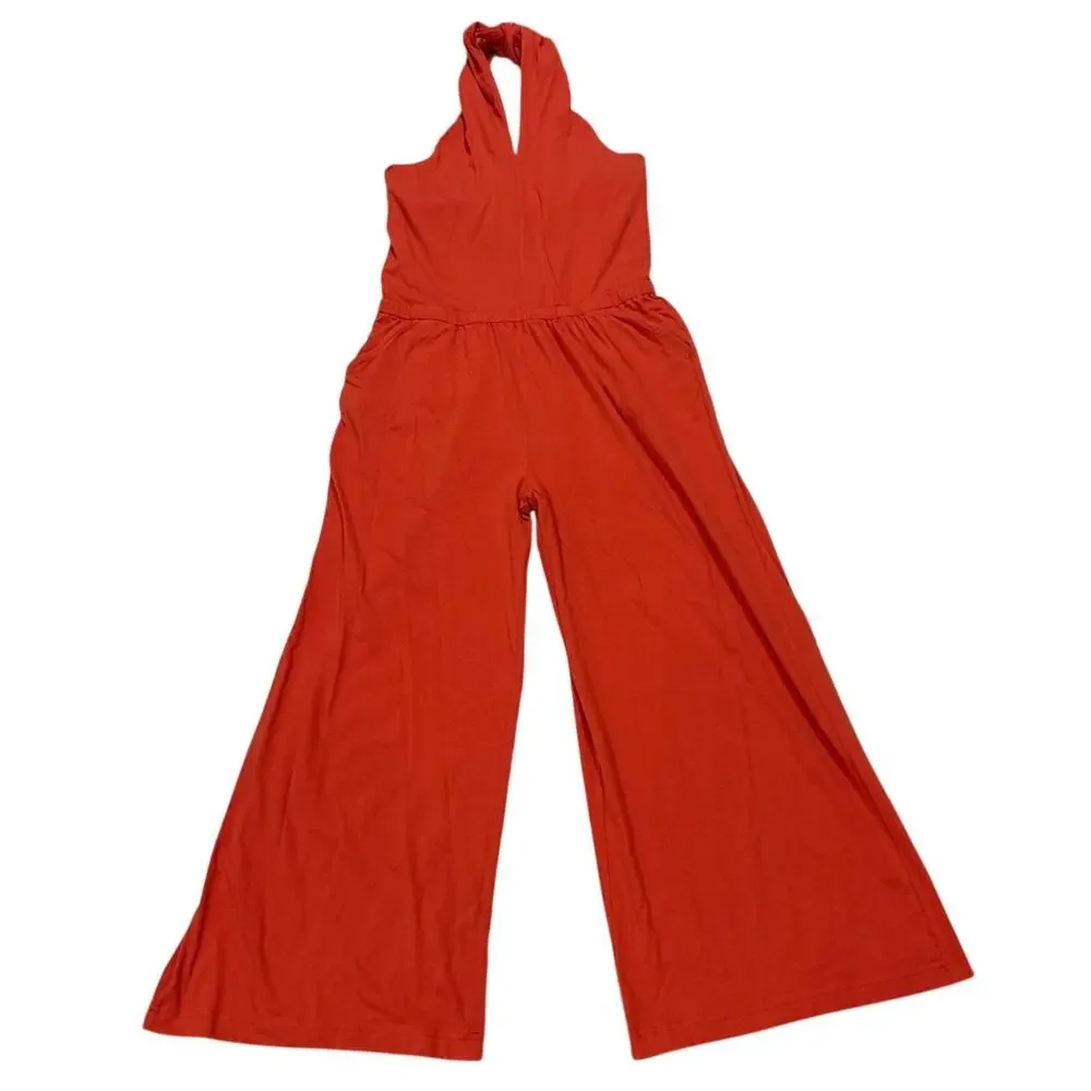 NWT Pact Large Organic Cotton Built In Bra Jumpsuit Pockets Wide Leg Halter - Picture 3 of 11